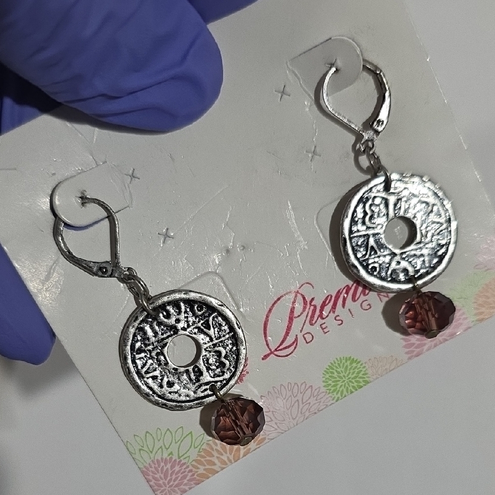 Silver Tribal Earrings with Brown Faceted Crystal Drops – Boho Statement Jewelry - Picture 7 of 9